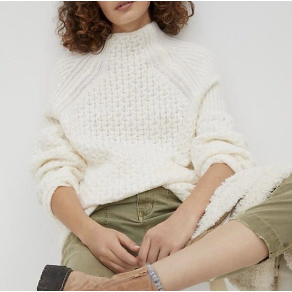 Anthropologie Bia Mock Neck Tunic Sweater Size XS Cream Textured Preppy Classic